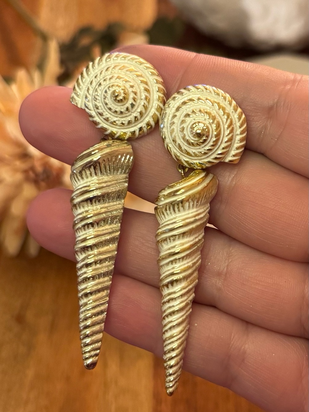 Gold Spiral Shell Drop Vintage Earrings